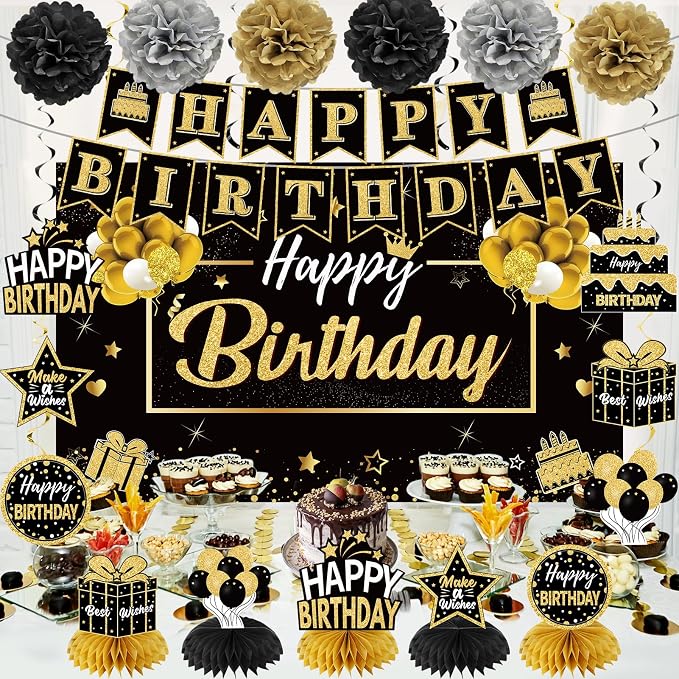 Zirtorei 20Pcs Black Gold Birthday Party Decorations Kit - Image 4