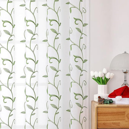 White Sheer Curtains Green Embroidered Leaves 2 Panels 54Wx63L | Light - Image 8