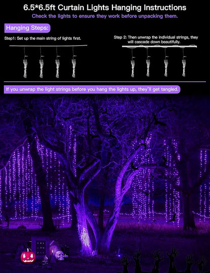 Purple Curtain Lights for Halloween, 200 LED Hanging String Lights - Image 3