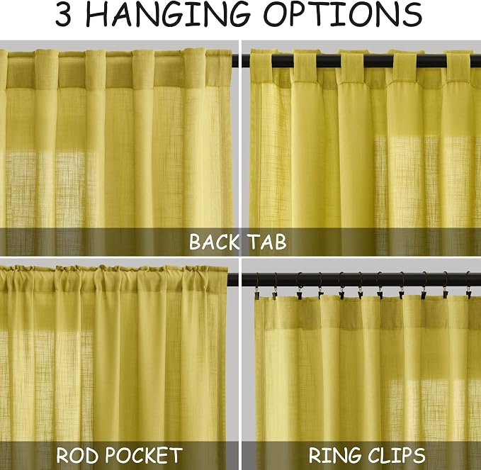 Celery Yellow Linen Curtains 108 Inches Long 2 Panels Set Back Tab Loop Pocket - Image 2