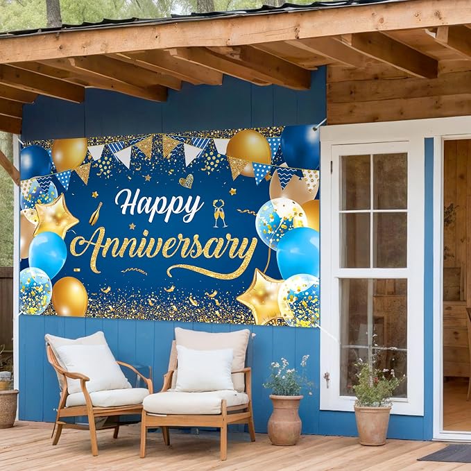 Blue & Navy Blue Gold Happy Anniversary Banner & Backdrop | Happy Anniversary - Image 4