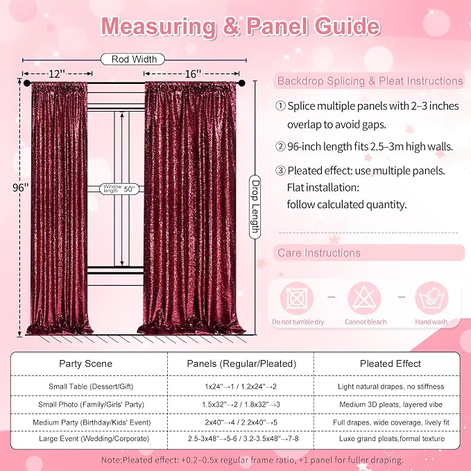 Glitter Sequin Backdrop 2 Panels 3x8FT Burgundy Red Wedding Photo Curtains | - Image 4