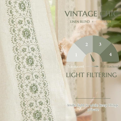 jinchan Floral Linen Curtains Embroidered Back Tab 50x63in 4 Panels Sage | - Image 6