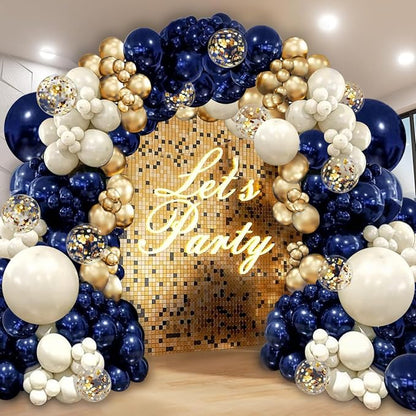 Navy Blue Gold Balloon Arch Kit, Pearl White, Different Size | Double Stuffed by PUFFLD