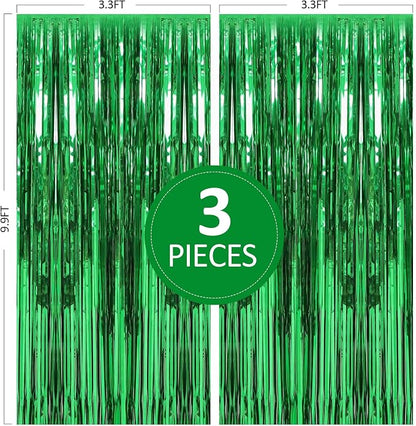 TenLaitech 3 Pack 3.3 x 9.9 ft Green Foil Fringe Curtains Party Supplies | - Image 2