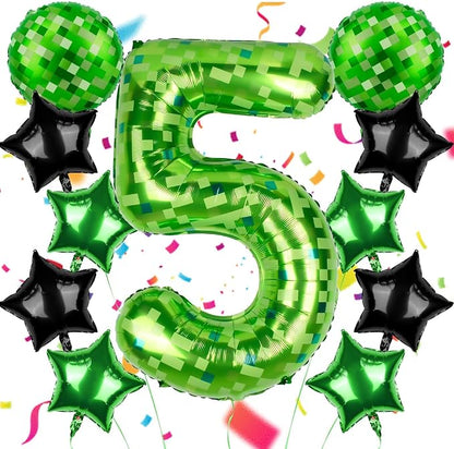 40 Inch Green Pixel Themed Number 5 Balloon Set Foil Balloon by AXBMM