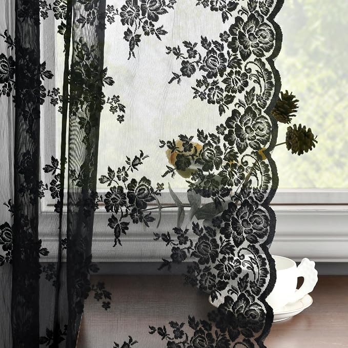 Kotile Black Lace Curtains for Bedroom Vintage Floral W42xL54 Inch 2 Panels | by Kotile+Curtains