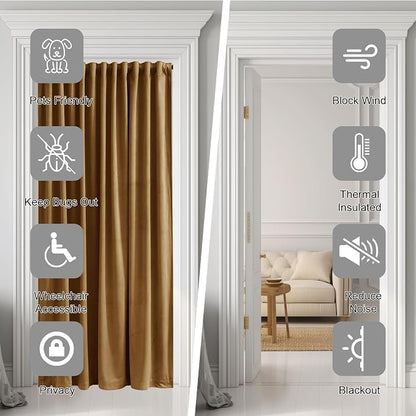 Doorway Curtain Back Tab Gold Brown Velvet Thermal Insulated Sliding Door - Image 4