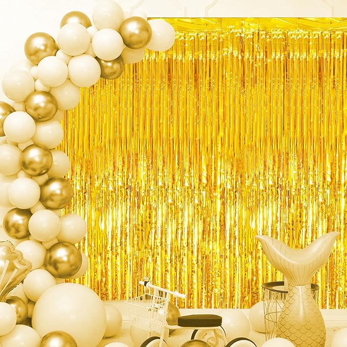 Voircoloria Gold Foil Fringe Backdrop Curtains, 2 Pack | Tinsel Streamers - Image 8
