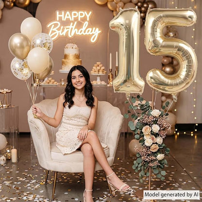 White Gold Number 15 Balloon 40 Inch, Champagne Foil Quince Decoration | Giant - Image 2