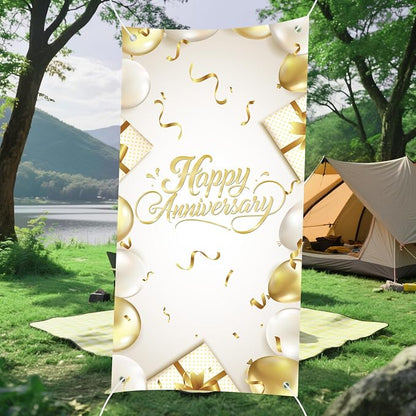 Happy Anniversary Backdrop Banner White Gold Elegant Door Cover Photography - Image 3
