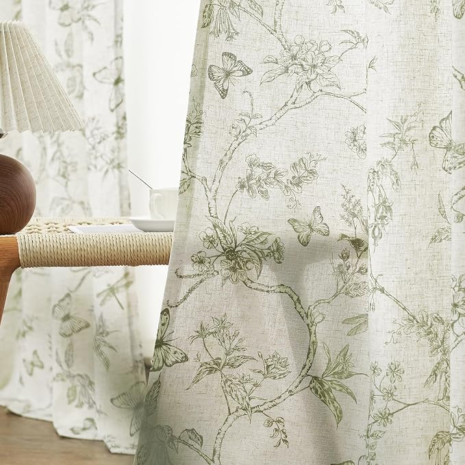 Green Floral Linen Curtains Farmhouse Rod Pocket 50W X 108L 2 Panels | - Image 4