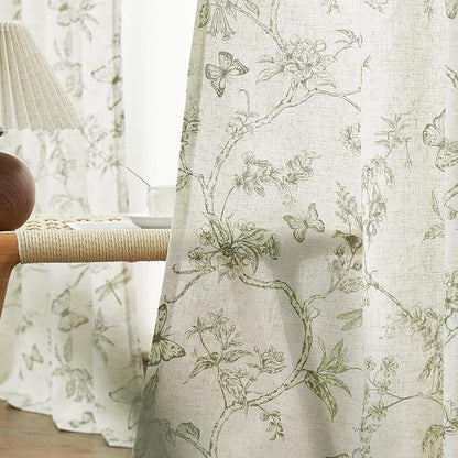 Green Floral Linen Curtains Farmhouse Rod Pocket 50W X 108L 2 Panels | - Image 4