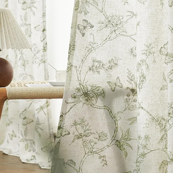 Green Floral Linen Curtains Farmhouse Rod Pocket 50W X 90L 2 Panels | Charlotte - Image 6
