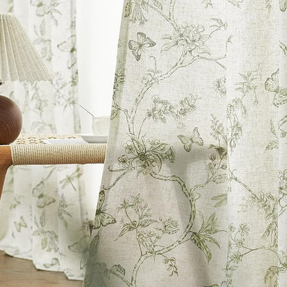 Green Floral Linen Curtains Farmhouse Rod Pocket 50W X 90L 2 Panels | Charlotte - Image 6