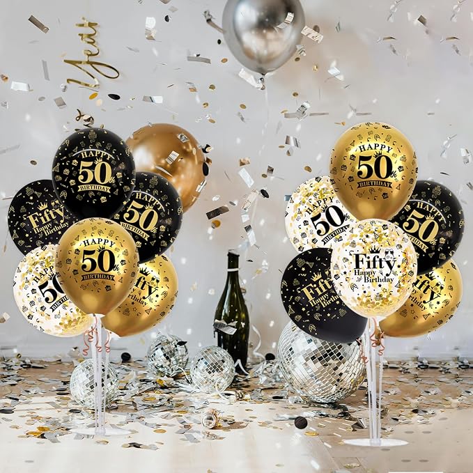 TONIFUL 4 Set Black Gold 50 Printed Balloon Stands - Image 5