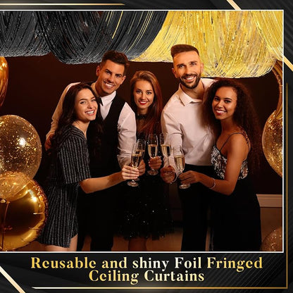 8 Pcs 15ft Gold Black Metallic Foil Ceiling Fringe Curtains, Graduation Party - Image 4
