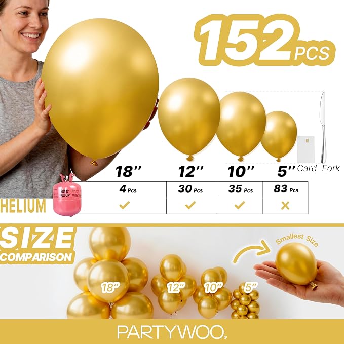 PartyWoo Gold Balloons 152pcs Different Sizes of 18 12 10 5 Inch | Balloons - Image 6