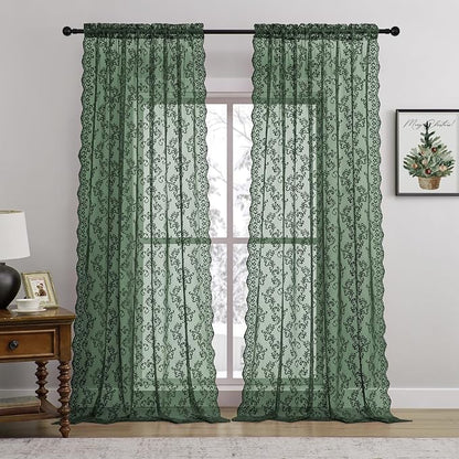 Dark Green Lace Curtains 72 Inches Long 2 Panels Country Vintage Sheer Lace - Image 2