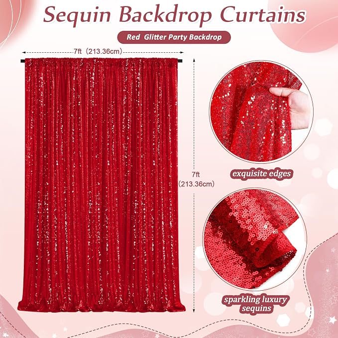 Red Sequin Backdrop Curtain 7ft x 7ft Background Drapes | Glitter Background - Image 4