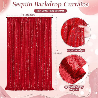 Red Sequin Backdrop Curtain 7ft x 7ft Background Drapes | Glitter Background - Image 4
