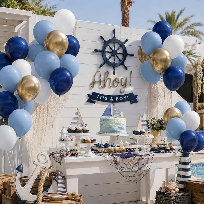 Retro Navy Blue Gold and White Balloons, 12inch Pastel Dark Light Blue White - Image 4