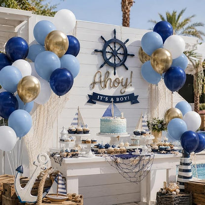 Retro Navy Blue Gold and White Balloons, 12inch Pastel Dark Light Blue White - Image 4