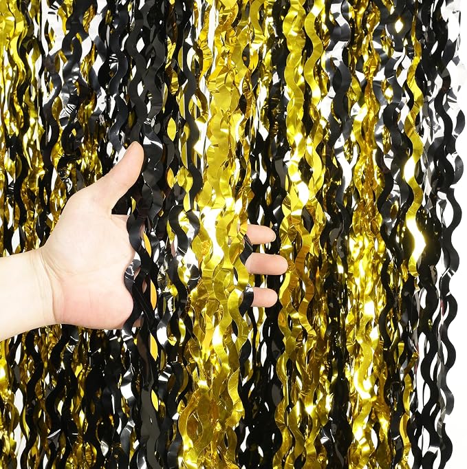 KEEUH 4 Pack Black and Gold Wavy Foil Fringe Curtains Pirthday Decorations by KEEUH