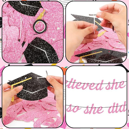 Hoogict She Believed She Could So She Did Pink Graduation Banner Decorations - Image 7