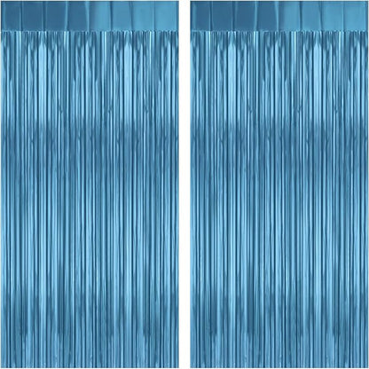 2 Pack Lake Blue Foil Fringe Curtains Tinsel Backdrop, 3.2Ft x 8.2Ft Metallic by welcomePIGETALE