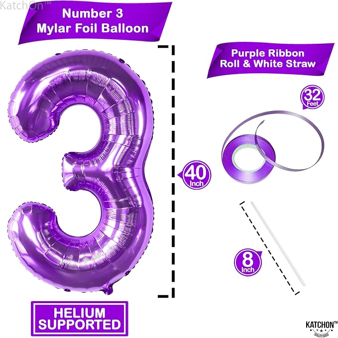 KatchOn Purple Number 3 Balloon 40 Inch | Mylar Foil Balloon - Image 2