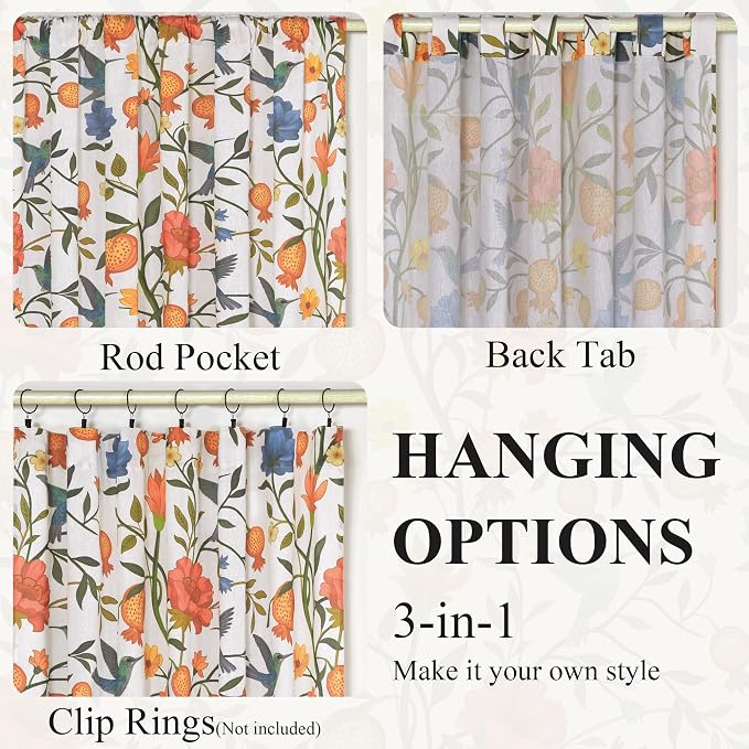 72 Inch Boho Floral Curtains Tropical Bird Print Linen Semi Sheer Window Drapes - Image 5