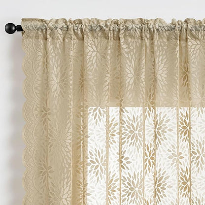 MIULEE Vintage Floral Scalloped Lace Curtains 2 Panels, Short Semi Sheer - Image 6