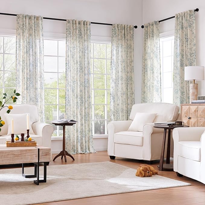 jinchan Blue Floral Linen Curtains 96 Inch Farmhouse Back Tab 2 Panels | Light - Image 2