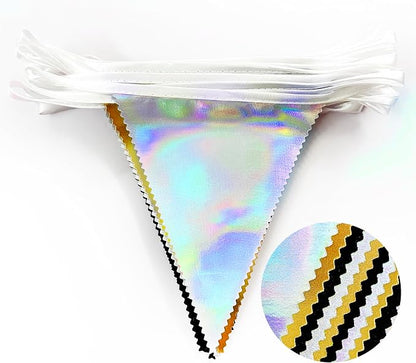 Black Gold Iridescent Party Decorations Triangle Pennant Banner Flag Metallic - Image 3