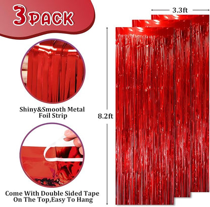 Voircoloria Red Foil Fringe Backdrop Curtains, 3 Pack | Tinsel Streamers - Image 3