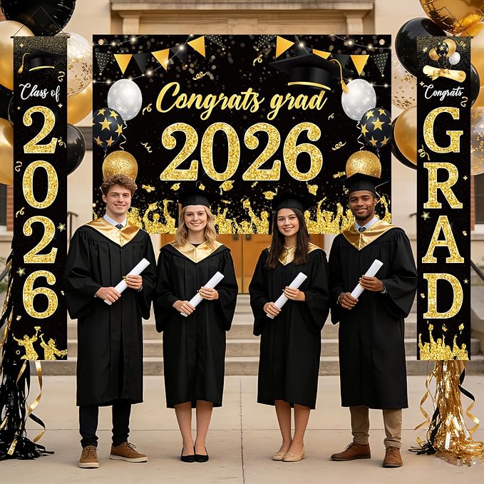 Sophena Graduation Decorations Class of 2026 Grad Banner Backdrop Black and Gold - Image 7