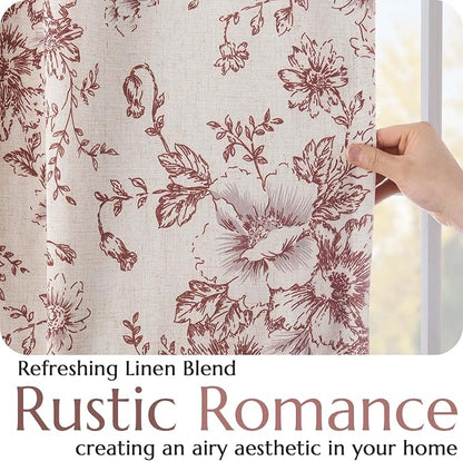 jinchan Red Floral Linen Blackout Curtains Lined 84 Inch Back Tab 2 Panels | - Image 5