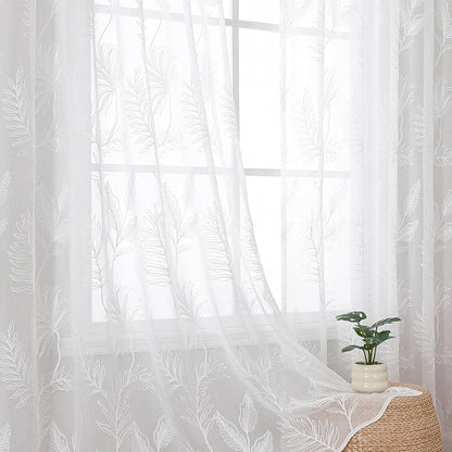 White Sheer Curtains Embroidered Leaf 2 Panels 96 Inches Long | Light Filtering by VISIONTEX