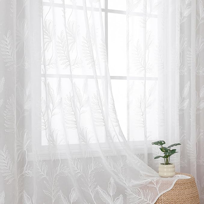 White Sheer Curtains Embroidered Leaf 2 Panels 63 Inches Long | Light Filtering by VISIONTEX