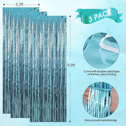 TenLaitech 3 Pack 3.3 x 9.9 ft Light Blue Foil Fringe Backdrop Curtain - Image 8