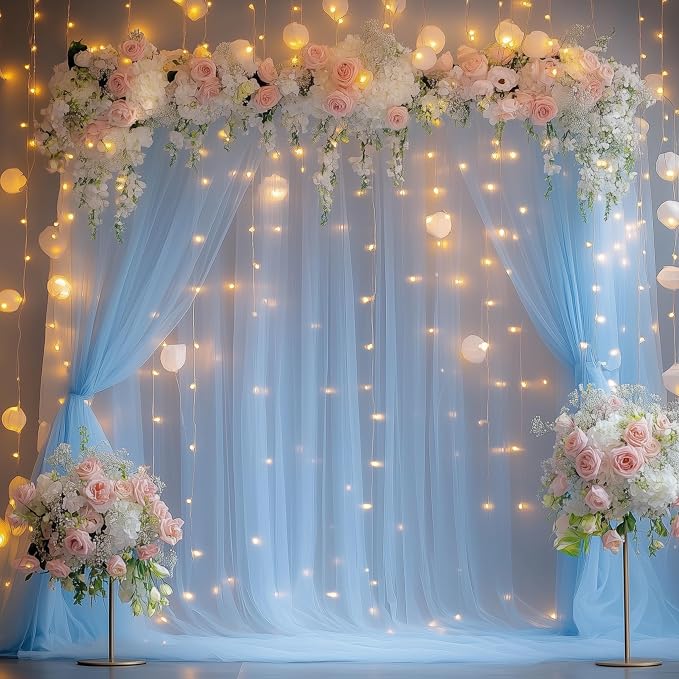 Tulle Backdrop Curtain with Lights Baby Blue 10x8ft Sheer Curtain Backdrop | - Image 5