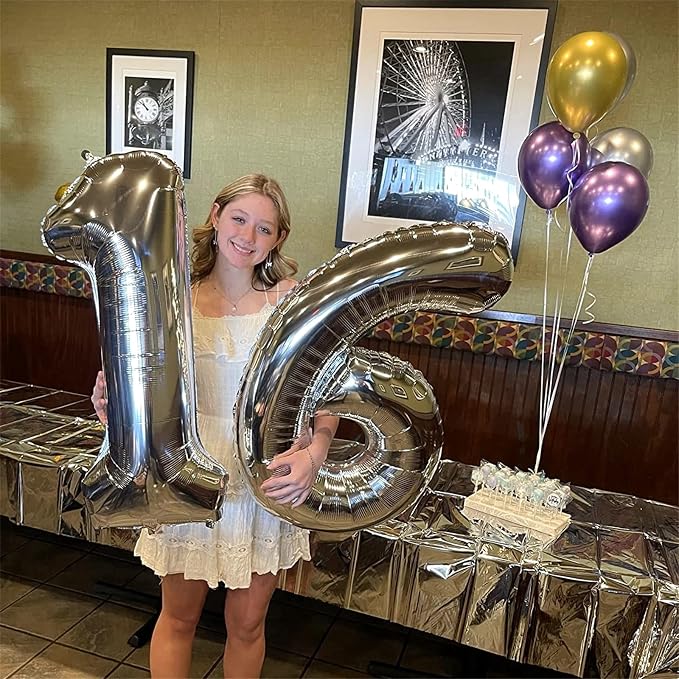 40" Silver Number 6 Balloon for Girls Boys, Large Self Inflating Helium Foil - Image 4