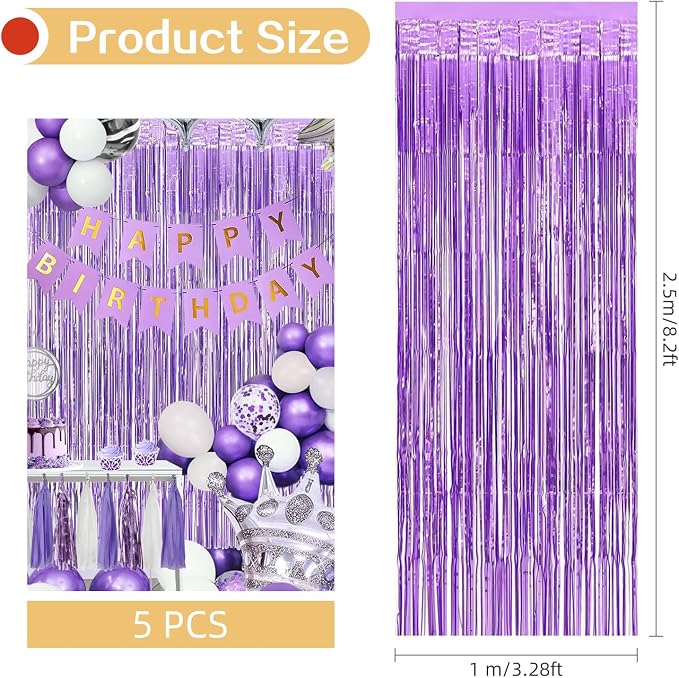 5 Pack Purple Foil Curtain Backdrop 3.2ft x 8.2ft Tinsel Foil Fringe Curtains - Image 3