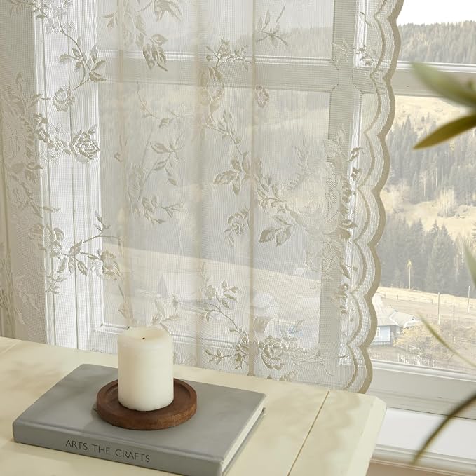 Khaki Lace Curtains 84 Inches Long 2 Panels Vintage Floral Sheer Curtains - Image 4