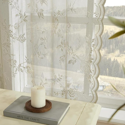 Khaki Lace Curtains 84 Inches Long 2 Panels Vintage Floral Sheer Curtains - Image 4