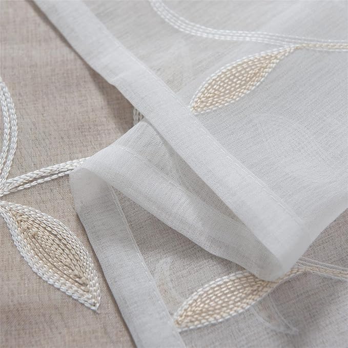 White Sheer Curtains Beige Embroidered Leaves 2 Panels 54Wx120L | Light - Image 3