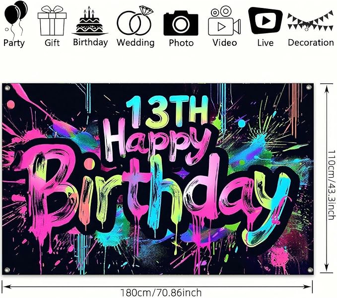 HOMETITUTE Neon 13th Happy Birthday Banner 71x43 Inch Glow Party Supplies | - Image 3