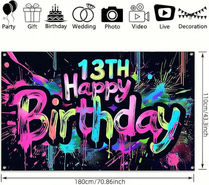 HOMETITUTE Neon 13th Happy Birthday Banner 71x43 Inch Glow Party Supplies | - Image 3