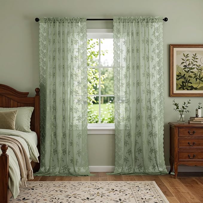 Kotile Sage Green Floral Sheer Curtains - Image 5